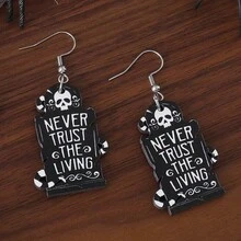 1 Pair Women Halloween Skeleton Head & Gravestone Pendant Earrings, Vintage Wooden Gothic Style Double-Sided Earrings, Halloween Party Gift