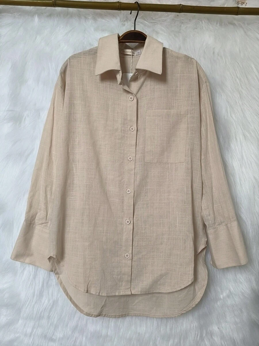 Women's Long Sleeve Linen Shirt - Beige - View 1