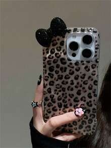 Fashion 3D Rhinestone Bow Leopard Print Phone Case, Suitable For IPhone 17/16/15/14/13/12 Pro Max/11, Stylish Shock-Resistant Back Cover - Black Diamond Bow - View 3