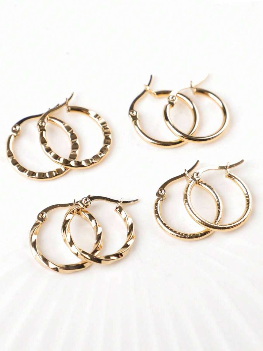 4 Pairs Gold Stainless Steel Hoop Earrings, Hypoallergenic Personalized Earrings Set For Women & Girls