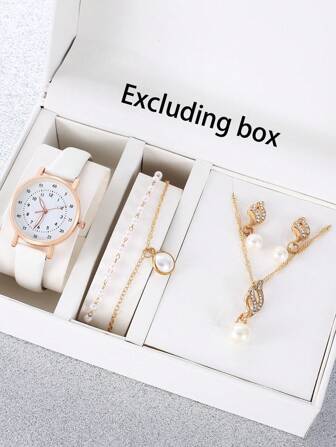 5 件套女士石英手表和珠宝套装 - 圆形，仿 PU 皮革表带，锌合金表壳 - 情人节、复活节、生日、圣诞节的完美礼物