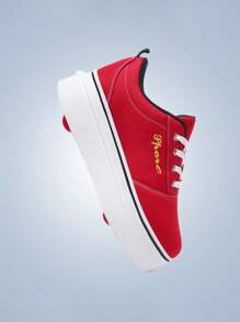 2025 1 Pair Embroidered Letter Canvas Contrast Color Fabric Patchwork Low Top Lace-Up Round Toe TPR Sole White Black Red Wheels Dual Row Four Wheels Casual Sports Style Outdoor Indoor Wearable Rollable Fashion Comfortable Versatile Season Teenage Roller Skate Shoes