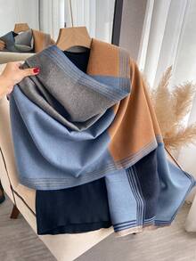 1件装女士双面仿羊绒撞色时尚多功能空调披肩围巾，厚实保暖，适合秋冬季日常穿着 - 彩色 - 查看 11