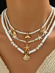 Set de 3 collares con colgantes de concha, cola de pez y estrella de mar, joyería de playa, viaje y fiesta para mujer
