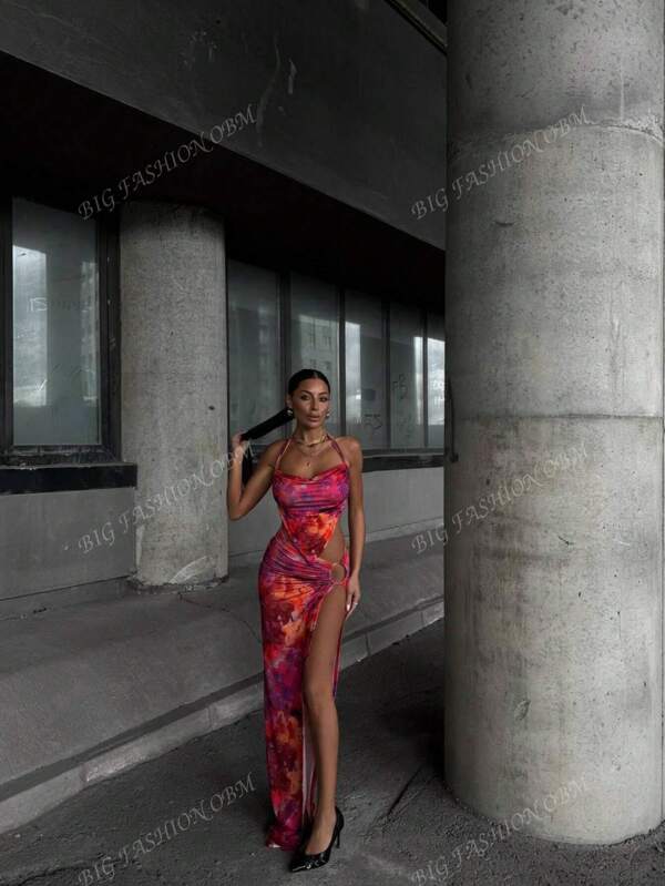 Vestido formal de fiesta elegante de unicolor con abertura en la espalda, bajo con volantes, adecuado para bodas y cenas formales