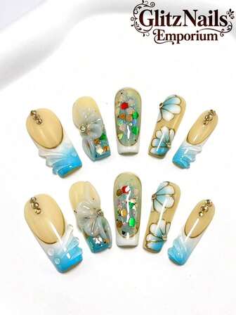 10PCS Hand-Pressed Nails Extensions, 3.3cm Short Square Nails Type, Hand-Painted Gradient, Hand-Drawn Glitter, Rhinestone Decoration, Hand-Made 3D Sculpted Floral Pattern, Bow, Bubble Bead, Summer Nails Art Suitable For Various Occasions, Can Be Worn By Friends, Girlfriends, Relatives, And Can Be Reused As Birthday Or Festival Gifts.