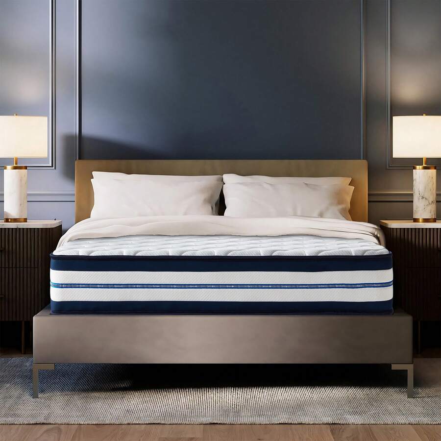 Matratze 140x200 cm Memory Foam Bett Matratze, Härtegrad H3, 9-Zonen Taschenfederkernmatratze, Luxus, Anti-Milben, Ergonomischen, Höhe 26cm - Blau-Weiß - Übersicht 1