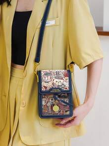 卡通熊圖案翻蓋方包可愛風格 - 藍色 - 查看 2