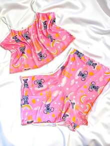 Blogger Pajamas With Shorts – Baby Doll Cropped In Printed Suede - Hồng - Xem 2
