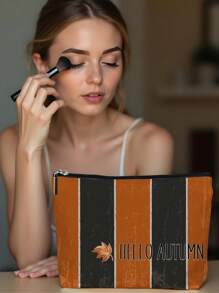 1pc Autumn Pumpkin Maple Leaf & Polka Dot Letter Pattern Linen Cosmetic Bag, Cute Travel Makeup Pouch & Multifunctional Coin Purse, Lightweight Women Essential Gift
