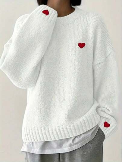 Plus Size Women's Casual Heart Embroidery Knit Long Sleeve Round Neck Pullover Sweater, Minimalist European And American Style, Autumn/Winter