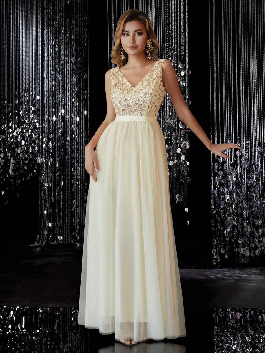 毕业晚会女式优雅 V 领亮片紧身胸衣网眼覆盖连衣裙腰部褶皱纯色优雅正式晚会舞会婚礼宾客礼服、派对礼服、婚纱、正式礼服、晚礼服、生日女士服装、毕业礼服、夏季婚礼伴娘 - 香檳色 - 查看 1