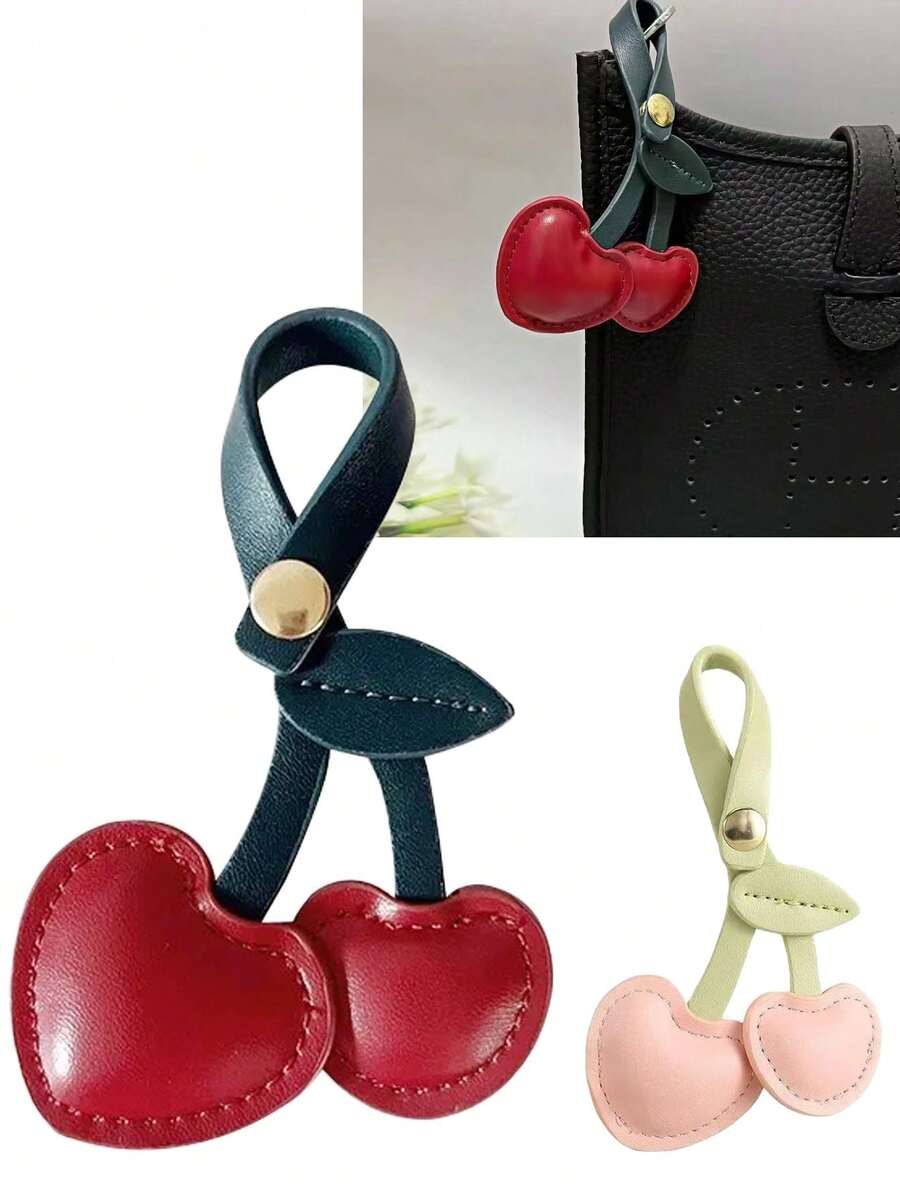 乡村风格樱桃钥匙扣，PU皮革钥匙扣吊饰，时尚包包吊坠小礼物 - 紅色 - 查看 1