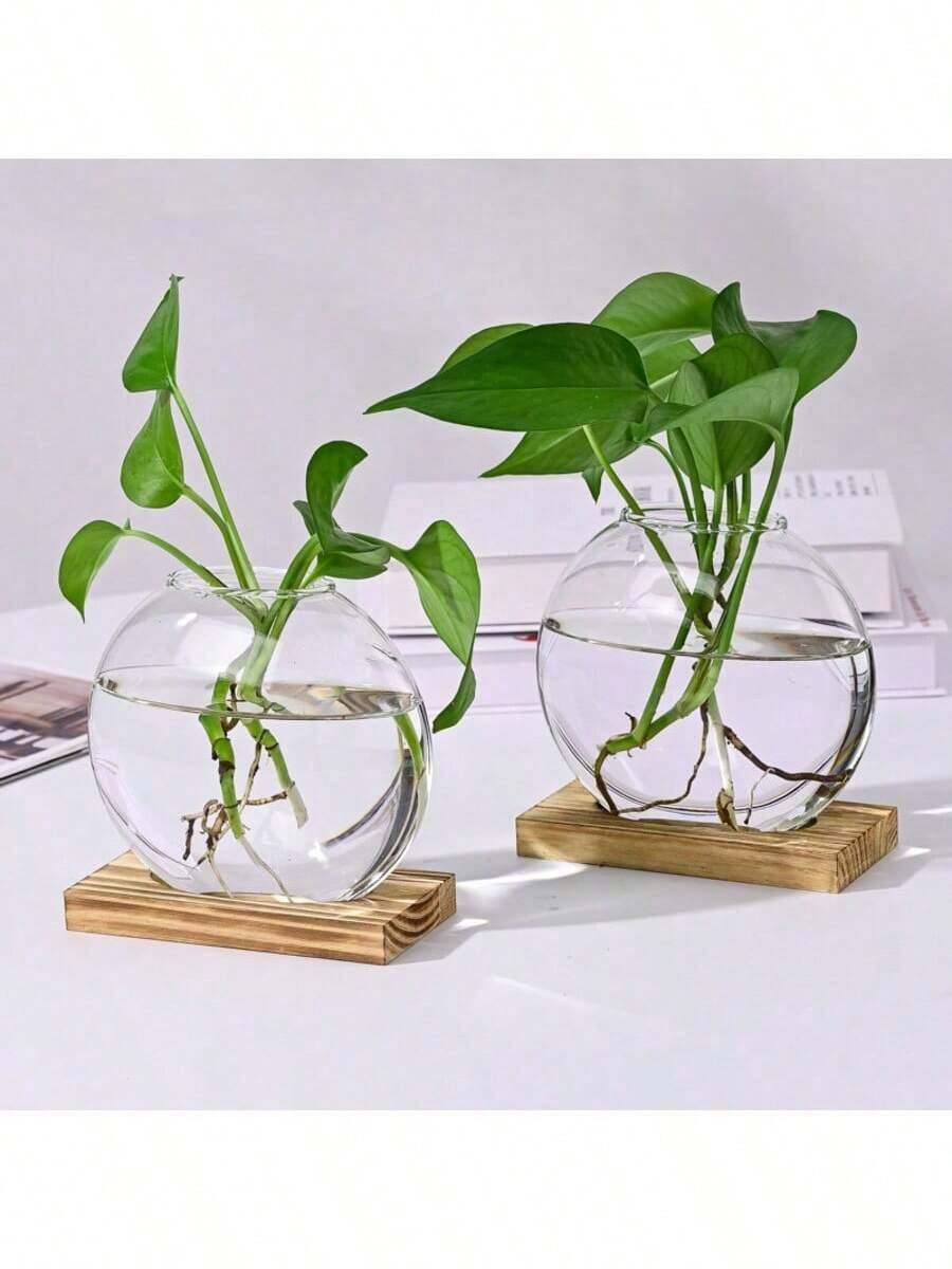 2 opakowania na biurko, okrągła szklana doniczka Terrarium, wazon na kwiaty z drewnianym stojakiem do rozmnażania małych roślin hydroponicznych, wystrój biura domowego, brązowy