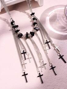 1pc Fashionable, Elegant, Unique, Refined, Dark Gothic, Y2K, Hip-Hop, Punk Style Cross Tassel Multi-Layer Necklace For Women, Suitable For Daily Wear, Festivals, Parties