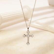 1pc Zirconia Inlaid Cross Pendant Necklace Suitable For Men And Women Perfect Decor For Cool Friends Unisex Jewelry