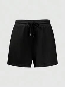 3pcs Solid Color Elastic Waist Tie Loose Fit Sports Shorts & Lounge Pants - Black - View 9