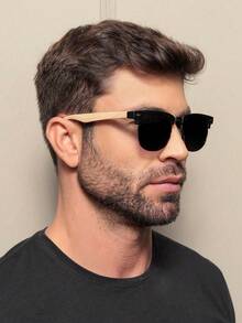 Club Master Sunglasses For Men And Women, UV 400 Lens, BAMBOO IMITATION SPRING STEMS, Mardela - BLACK/BEIGE - View 1