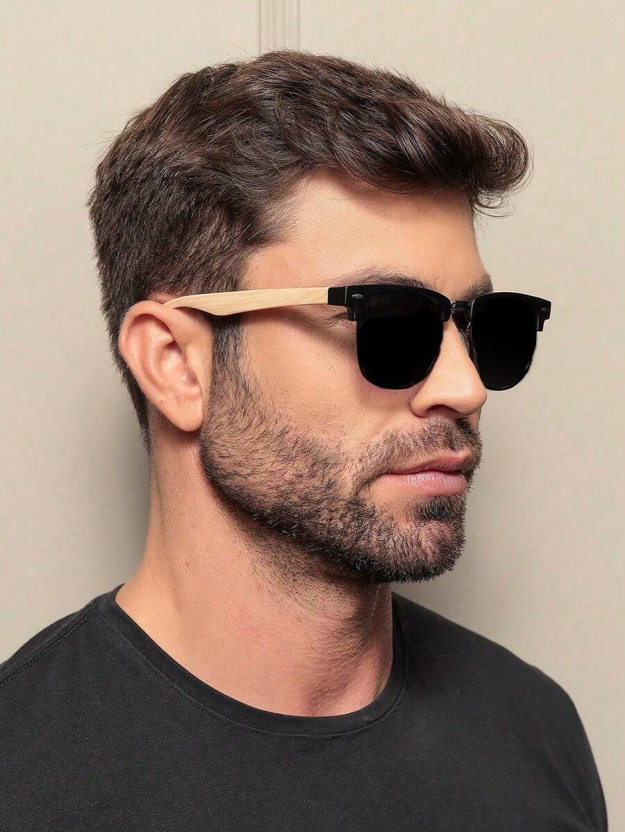 Club Master Sunglasses For Men And Women, UV 400 Lens, BAMBOO IMITATION SPRING STEMS, Mardela - BLACK/BEIGE - View 1