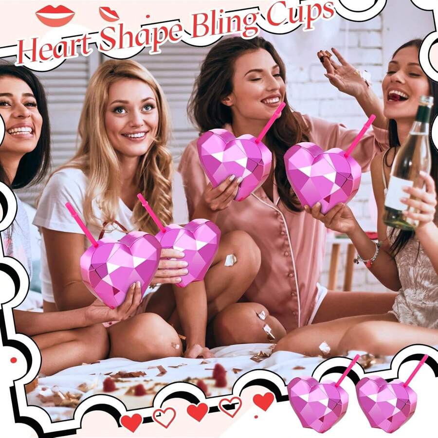 Disco Ball Glowing Cup, Heart-Shaped Cup With Lid And Straw, Disco Cocktail Cup, Plastic Wine Glasses, Bars, Valentine's Day, Birthday, Tropical Hawaiian Party Supplies, Reusable