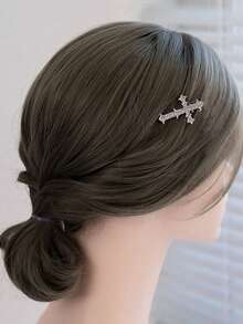 闪亮宫廷风别致水钻十字金属发夹，时尚侧刘海发夹，高品质万圣节及返校季发饰，头部饰品 - 銀色 - 查看 6