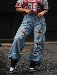 SAYEHFBABY Pantalones vaqueros lavados desgastados de pierna ancha de moda - Lavado ligero - Ver 1