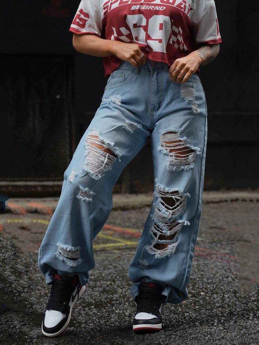 SAYEHFBABY Pantalones vaqueros lavados desgastados de pierna ancha de moda - Lavado ligero - Ver 1