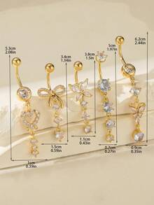 Bộ 5 món sang trọng - Nhẫn rốn bằng thép không gỉ hình trái tim và nơ mạ vàng 18K dài, thích hợp cho phụ nữ mặc dự tiệc sinh nhật - Vàng - Xem 4