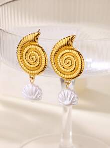 1 par de pendientes colgantes de acero inoxidable con forma de estrella de mar y concha para mujeres, con colgante de perla falsa, joyería de estética de verano para mujer