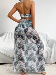 Elegant Women's Sweetheart Neck Backless 2-Piece Swimsuit Set, Paired With Tropical Print Maxi Skirt And High Stretch Low-Waist Pants, Suitable For Beach Vacation