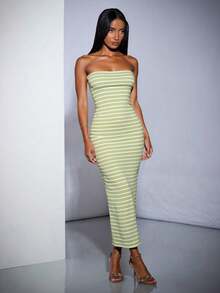Vestiso mujer strapless largo maxi  rayas  color combinado   casual  dulce  sencillo   canalé  rib  abertura trasera caminar playa  noche de fiesta  vacaciones oficina  casa  diario  fiesta de cumpleaños  jardín  calle  concierto de música country  verano - Verde Oliva - Ver 2
