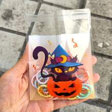 100 Stücke Halloween selbstklebende Geschenktüten mit Kürbis-, Geister-, Schwarzkatzen-, Fledermaus- und Eulenmotiven, Verpackung für Partygiveaways, einfach zu versiegeln, glatte Ränder, reißfest, geeignet für Partys, Feiertage, Geburtstaggeschenke, Überraschungen, Kartenspeicherung, Schmuckorganisation, Halloween-Souvenirs