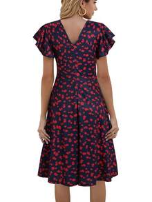 Women's Semi-Formal Ruffle Sleeve V-Back Work Fit And Flare Cocktail Knee Length Dress With Pockets, 2025 Style - 海軍紅 - 查看 2