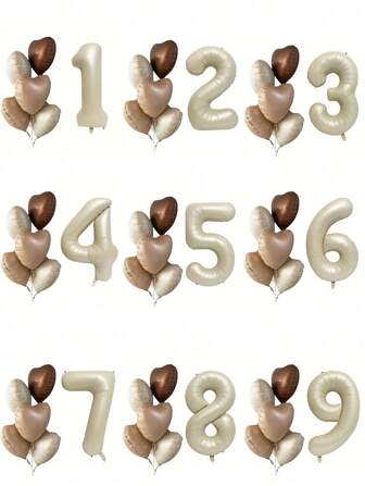 1pc 40-Inch Ivory Color Number Balloon And 5pcs 18-Inch Heart Shaped Balloons, Birthday Party Decorations, Valentine's Day Party Decor, Foil Balloons, Atmosphere Decoration, Anniversary Celebration, Fashion Party Supplies, Photography Props