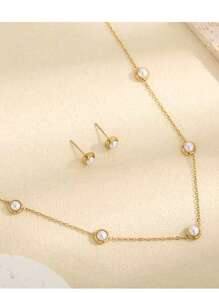 1 set Elegante collar de acero inoxidable con decoración de cuentas de plástico blanco y pendientes a juego de acero inoxidable, adecuado para uso diario o fiestas de mujeres, puede ser un regalo en días festivos