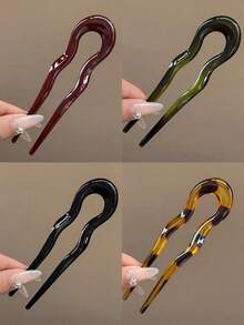 4pcs U-Shaped Hair Clips, Fashion Tortoiseshell Acetate Fiber Hair Clips, Geometric Design Hair Accessories, Hair Bun Maker, Hair Clips, Hair Styling Accessories For Women & Girls, Head Accessories - Multicolor - View 16