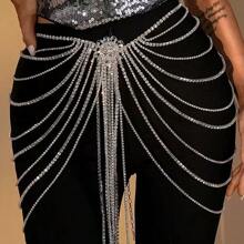 1pc Long Fringe Rhinestone Dress For Women Flower Belt Body Chain Jewelry Crystal Silver Skirt For Stage Party Accessories