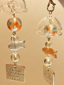 2pcs Dreamlike Goldfish Wind Chime Beaded Ornament, Small Fish Bead Decorative Hanging Accessory, Suitable For Bedroom, Yard, Garden, Phone, Bag Decoration