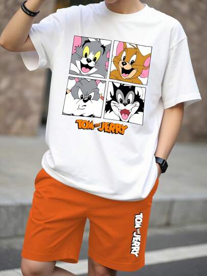Warner Bros Warner Bros Men's Casual Cat & Mouse Print Short Sleeve T-Shirt & Shorts 2 Pieces Set, Summer