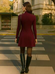High Neck Long Sleeve Dress In Super Comfortable Street Wool Soft And Smooth Fabric - 紅木色 - 查看 2