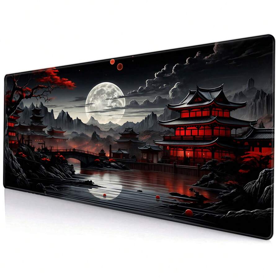 1 pieza Alfombrilla de escritorio japonesa Riverside Full Moon Element, alfombrilla de ratón grande negra y roja 35.4 X 15.7 pulgadas, alfombrilla extendida XXL para teclado, para decoración de escritorio (Debido al tamaño, es posible que algunos patrones no se muestren por completo). Útiles escolares, de vuelta a la escuela
