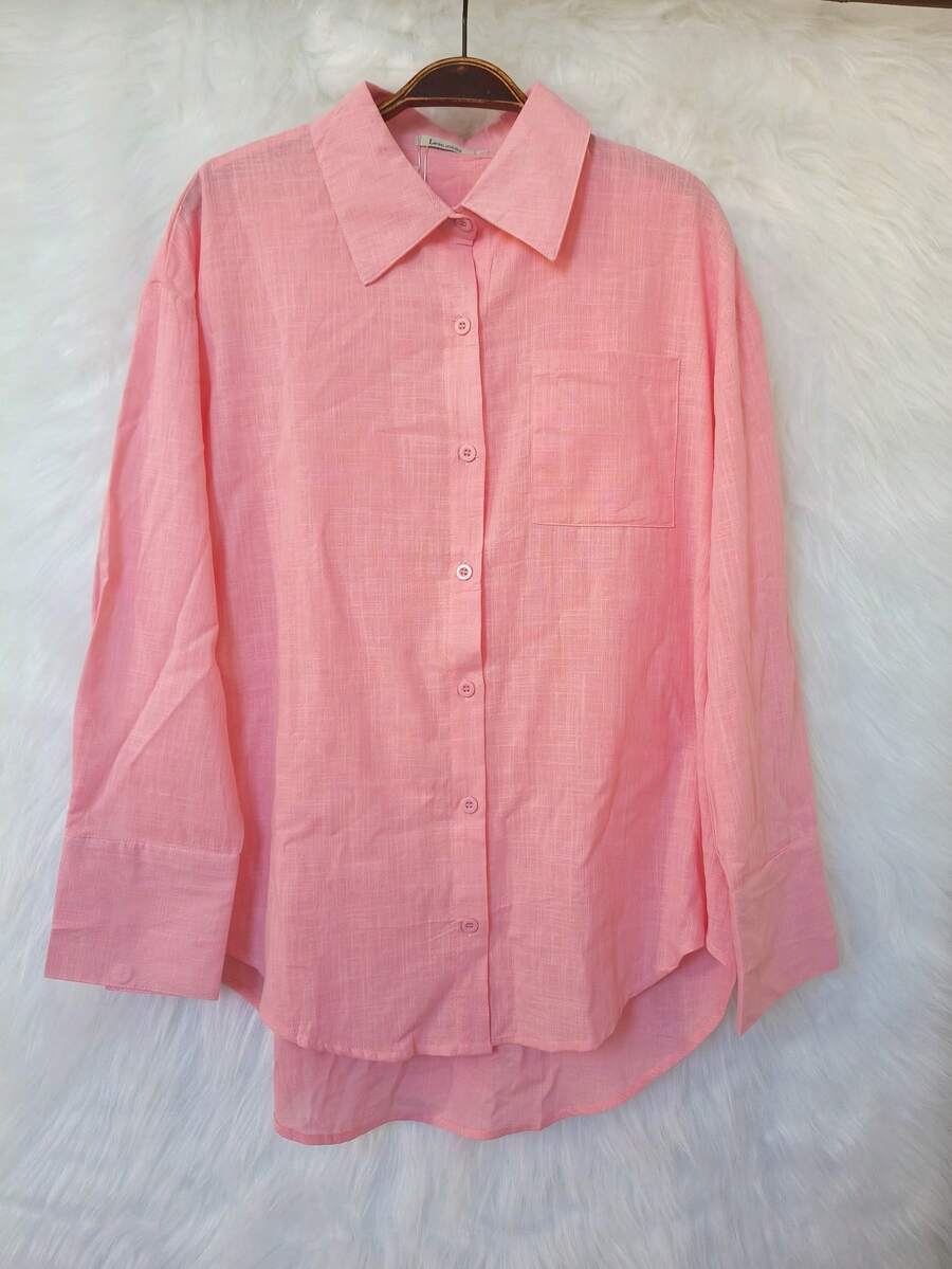 Women's Long Sleeve Linen Shirt - Baby Pink - View 1