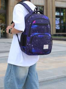 Casual High Capacity Starry Sky Print Multi-Pocket Functional Backpack, Men's Portable School College Style Bookbag For Study, Errands, Travel