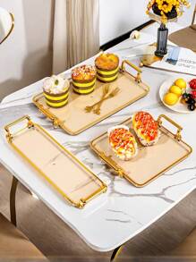 1pc Nordic Style Rectangular Plastic Tray With Golden Handles And Decorative Edges - Multifunctional Home Decor Jewelry Dish, Party Snack Tray - Stylish Design, Minimalist Style, High-Quality Craftsmanship, Jewelry Storage Box