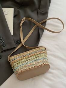 Bolso de cubo de estilo callejero y vacacional tejido de colores, bolso versátil para el hombro para mujeres