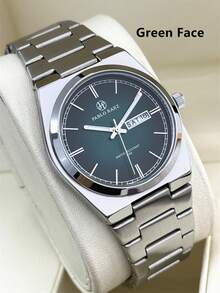 Reloj de pulsera de negocios para hombres Pablo Raez, marca genuina, encantador, accesorio de joyería de lujo de marca nueva AAA, correa de acero inoxidable, caja de plata retro, esfera degradada verde, resistente al agua 50M, calendario simple y exhibición del día, reloj de cuarzo de moda casual de metal para hombres, excelente para regalo de graduación o boda