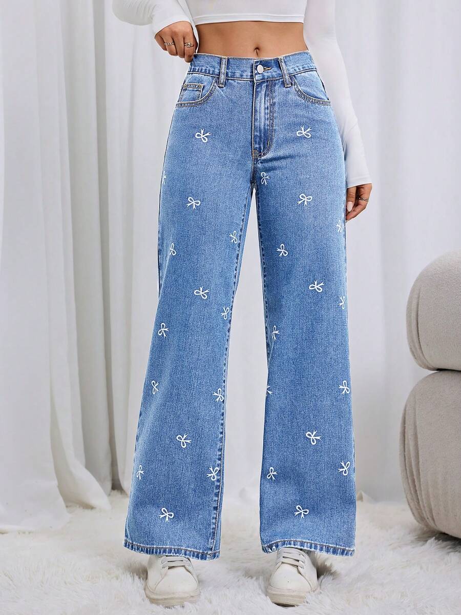 女士时尚休闲蝴蝶结印花松紧腰阔腿宽松无弹力浅蓝色牛仔裤 - 淺色水洗藍 - 查看 1
