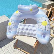1pc Thick PVC Floating Water Sofa With Cup Holder & Backrest, Anti-Capsizing Small Daisy U-Shaped Inflatable Pool Recliner
