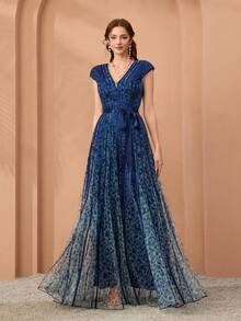 神奇新款V领印花网纱喇叭袖系带长款连衣裙，高端晚礼服