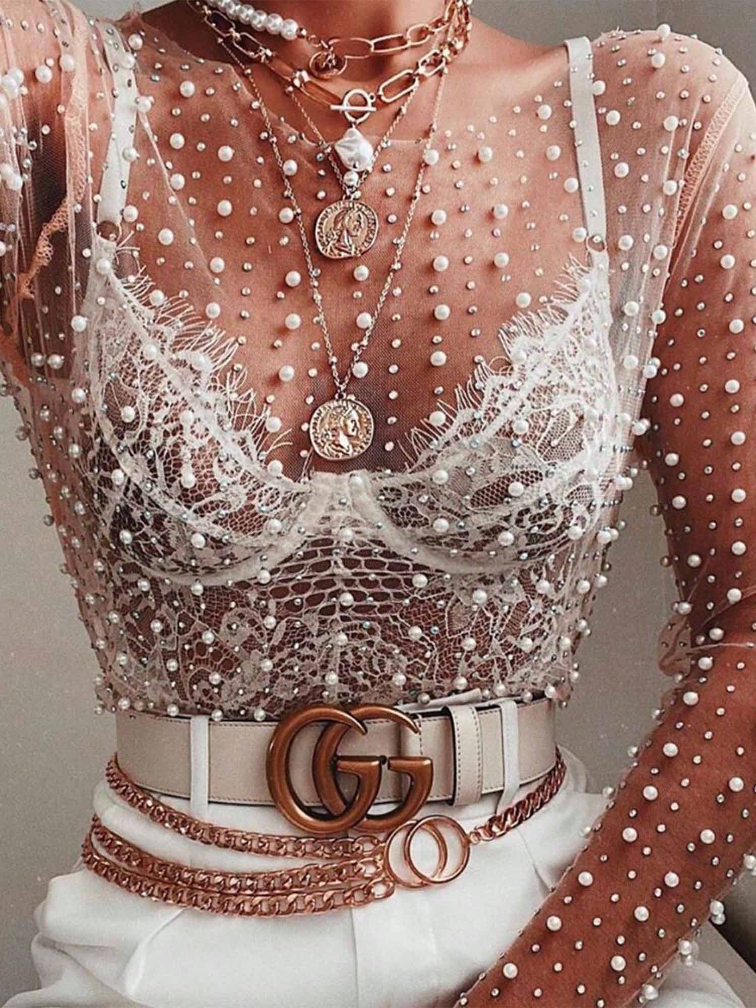 Women See Sheer Sparkle Pearl Rhinestone Studded Top Round Neck Long Sleeves